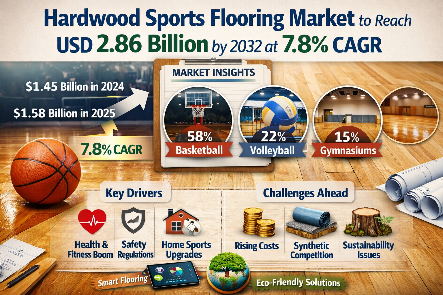 Hardwood Sports Flooring Market to Reach USD 2.86 Billion by 2032 at 7.8% CAGR